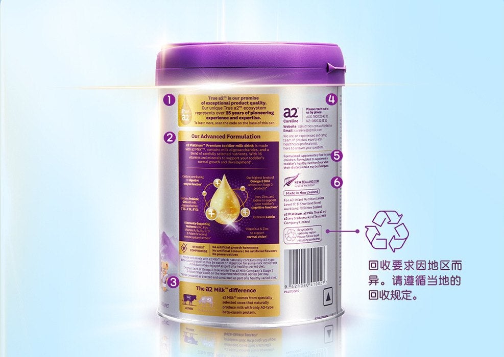产品反面标签：①True a2™ ②我们的先进配方 ③The a2 Milk™ 与众不同 ④a2™关爱热线 ⑤幼儿配方补充食品 ⑥新西兰制造
