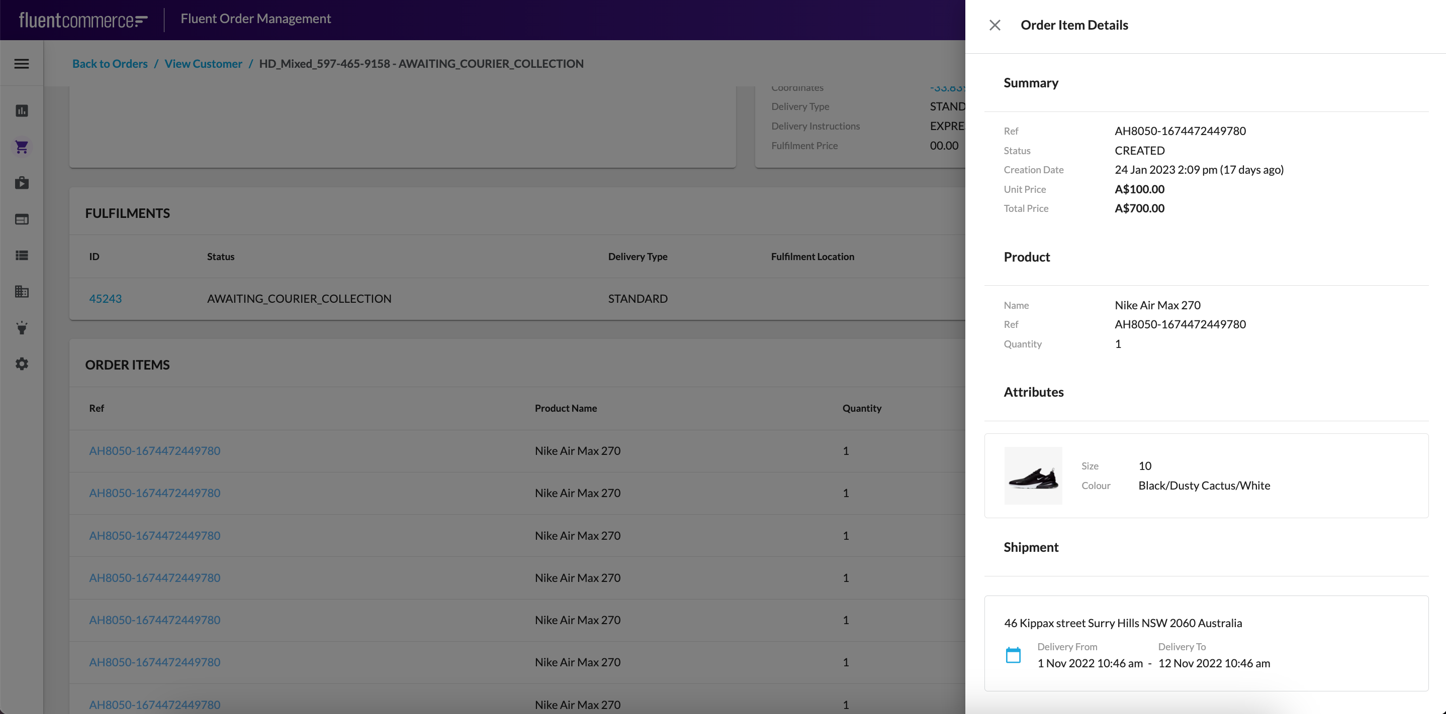 Shipment section of the Order Items Details Drawer